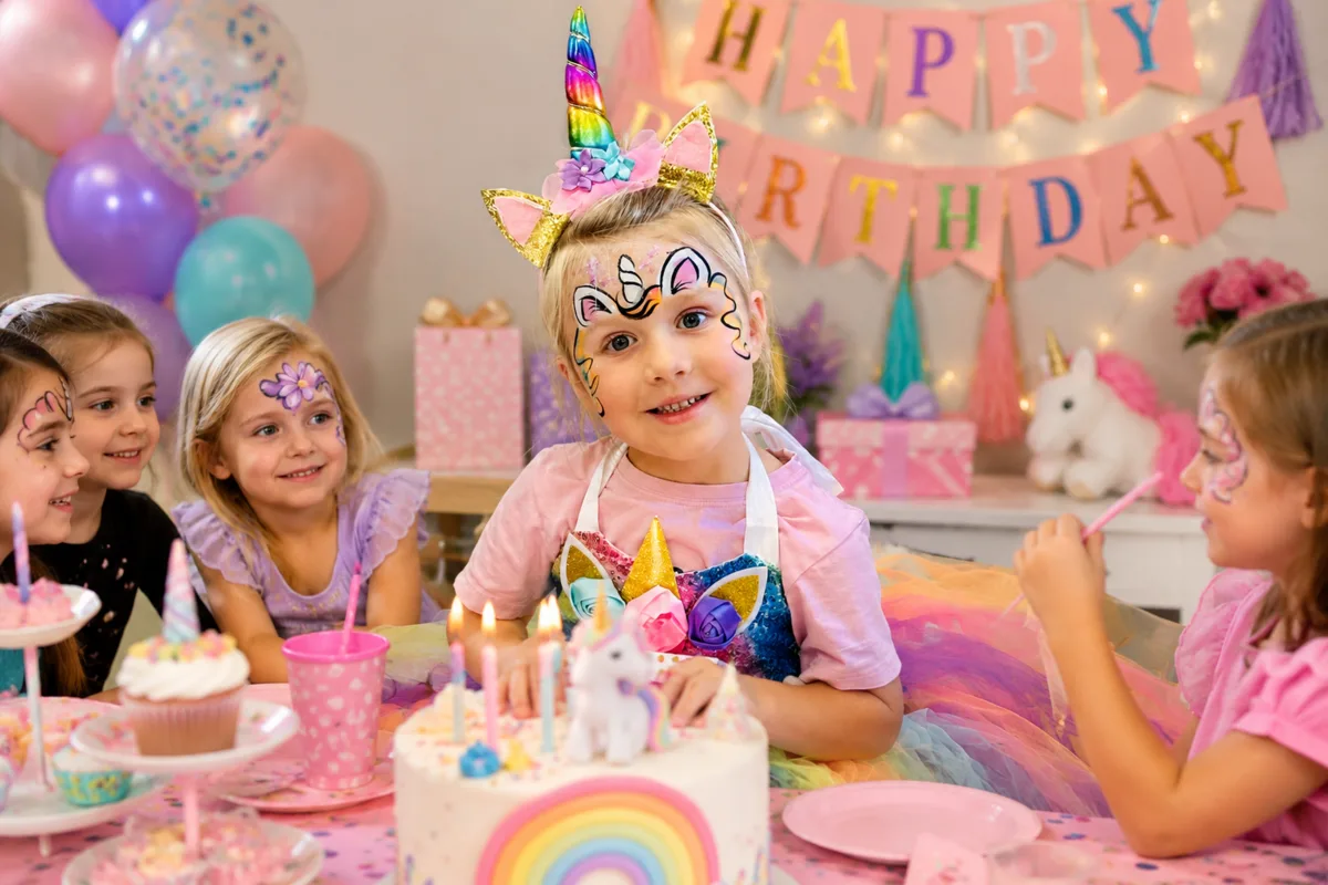 Children at a colorful unicorn birthday party with face painting.
